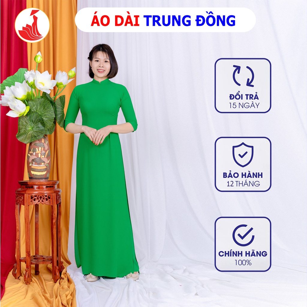 Áo dài trơn 2 tà chất liệu tằm ý cổ cao 2.5cm màu xanh lá cây | Áo dài Trung Đồng