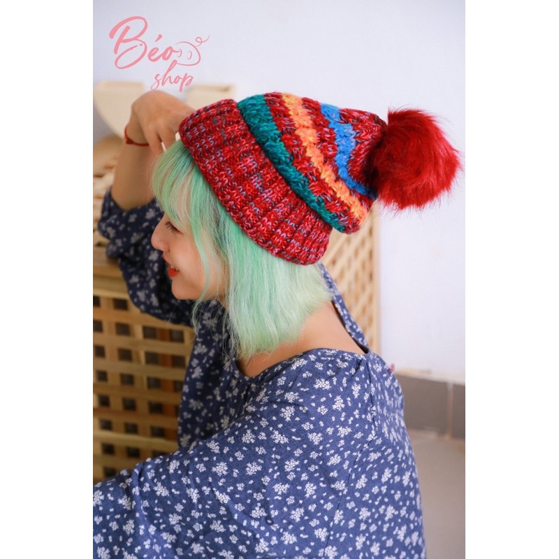 Mũ len kẻ sọc lót lông mềm mại thời trang Hàn quốc