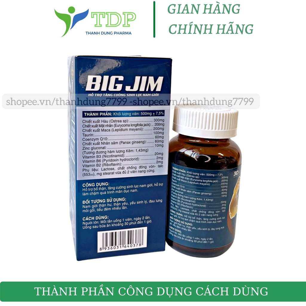 Tinh chất Hàu tăng cường sinh lý nam giới Hàu biển Big Jim bổ thận, giảm xuất tinh sớm– Chai 30 viên