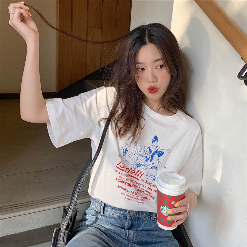 SUXI Áo Thun Tay Ngắn Dáng Rộng In Hình Phong Cách Hàn Quốc