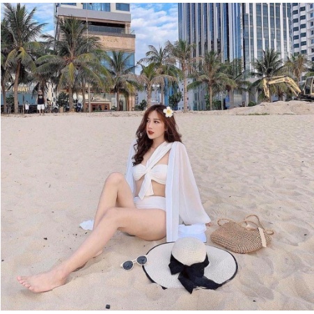 Bikini đồ bơi nữ 1 mảnh nơ ngực lệch vai quần cạp cao xinh xắn MS21
