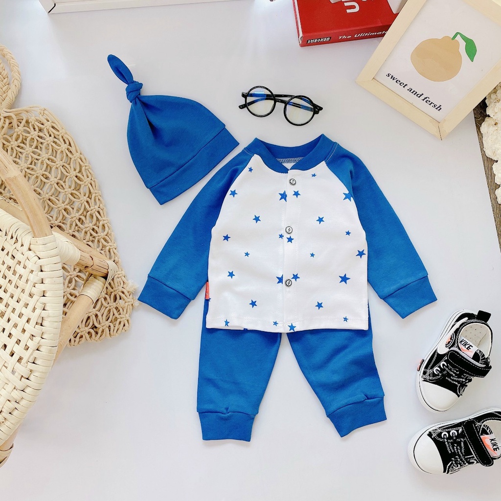Bộ cotton len sơ sinh dài tay cho bé trai bé gái tặng lèm mũ 3-9kg