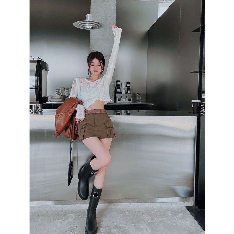 Áo Dệt Kim Tay Dài Dáng Ngắn Cột Dây Trẻ Trung Quyến Rũ Dành Cho Nữ