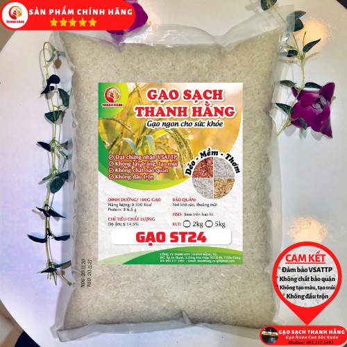 5Kg Gạo ST24 Sạch Top 3 Gạo Ngon Nhất Thế Giới  - Gạo Sạch Thanh Hằng - Gạo Dẻo và Thơm Nhiều