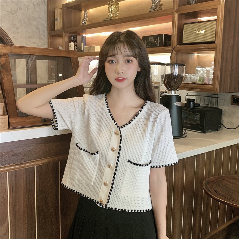 Xiaozhainv Áo cardigan dệt kim tay ngắn cổ chữ V phong cách cổ điển Hàn Quốc nữ tính | BigBuy360 - bigbuy360.vn