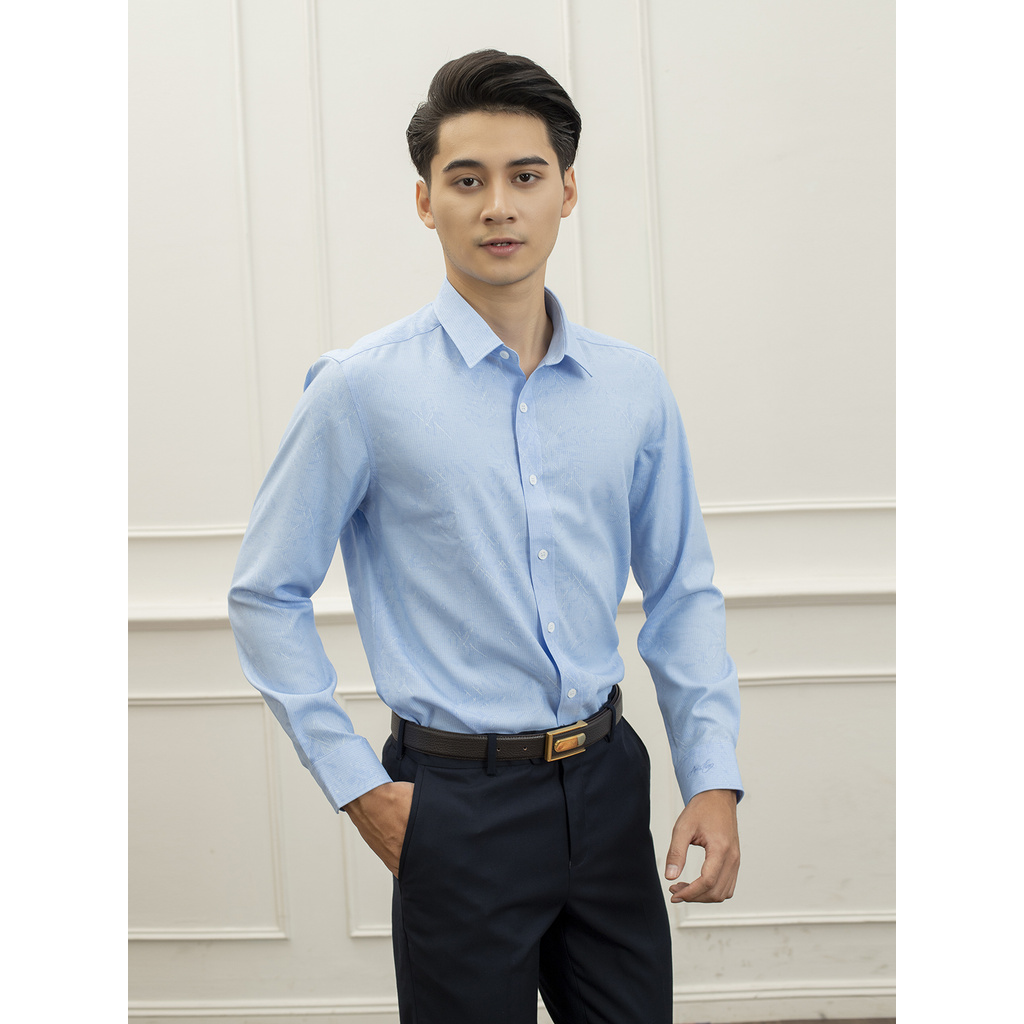 Áo Sơ Mi Nam Dài Tay ARISTINO ALS26109 Somi Công Sở Cao Cấp Màu Xanh Sược Trắng In Họa Tiết Vải Sợi Tre Dáng Ôm Không Tú