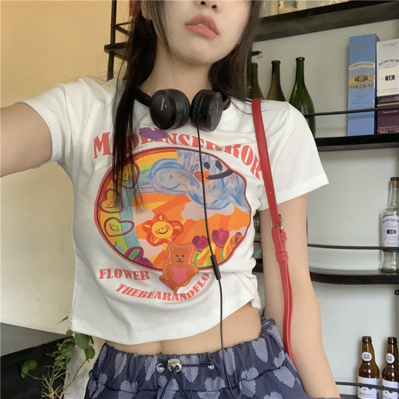 COZOK Áo Thun Tay Ngắn Hở Eo Form Ôm In Họa Tiết Thời Trang