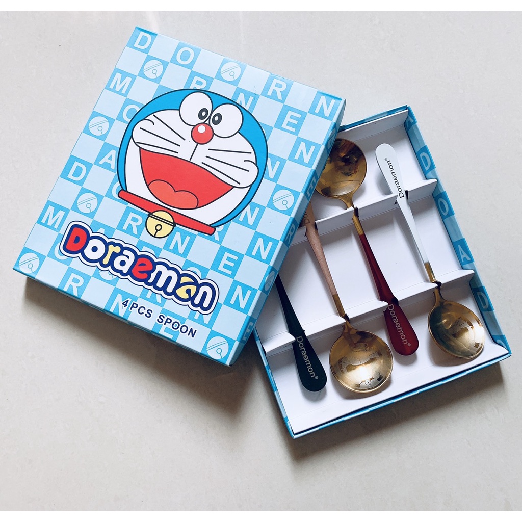 Set 4 muỗng doraemon inox titan mạ vàng nhiều màu xin xò sang chảnh thích hợp làm quà tặng