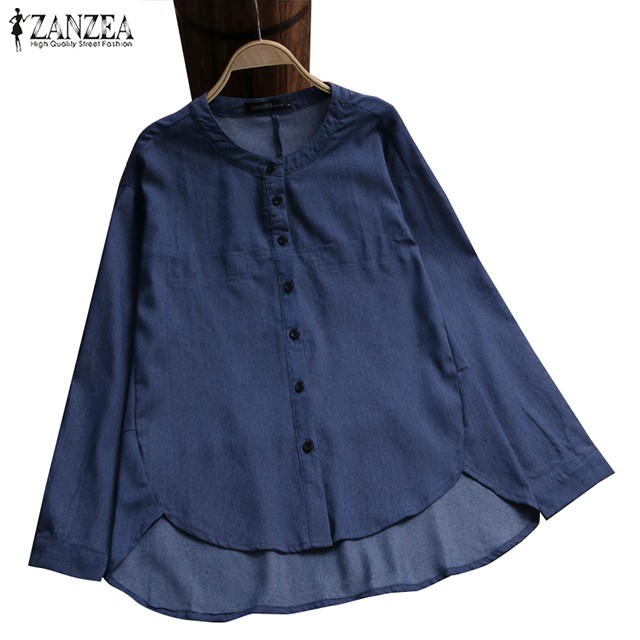 ZANZEA Phụ nữ Thường Cổ tròn Nút xuống Áo sơ mi dài tay denim