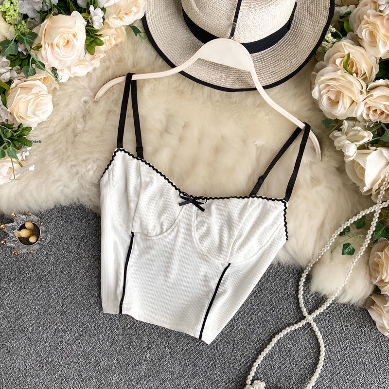 Áo dệt kim hai dây dáng ôm màu sắc gợn sóng thời trang cho nữ