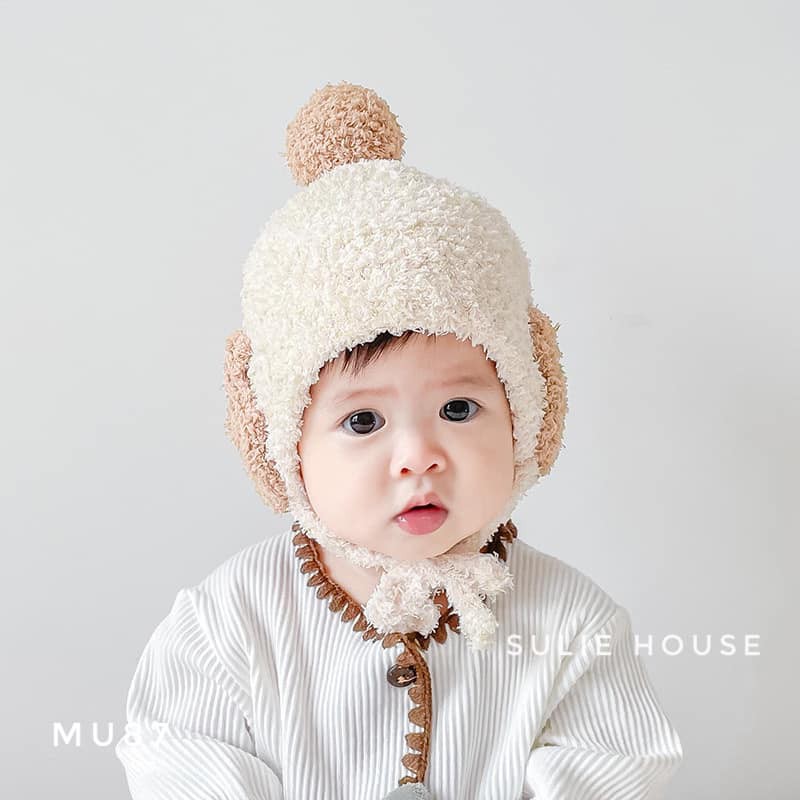 Mũ len cừu mặt gấu buộc dây - MU87
