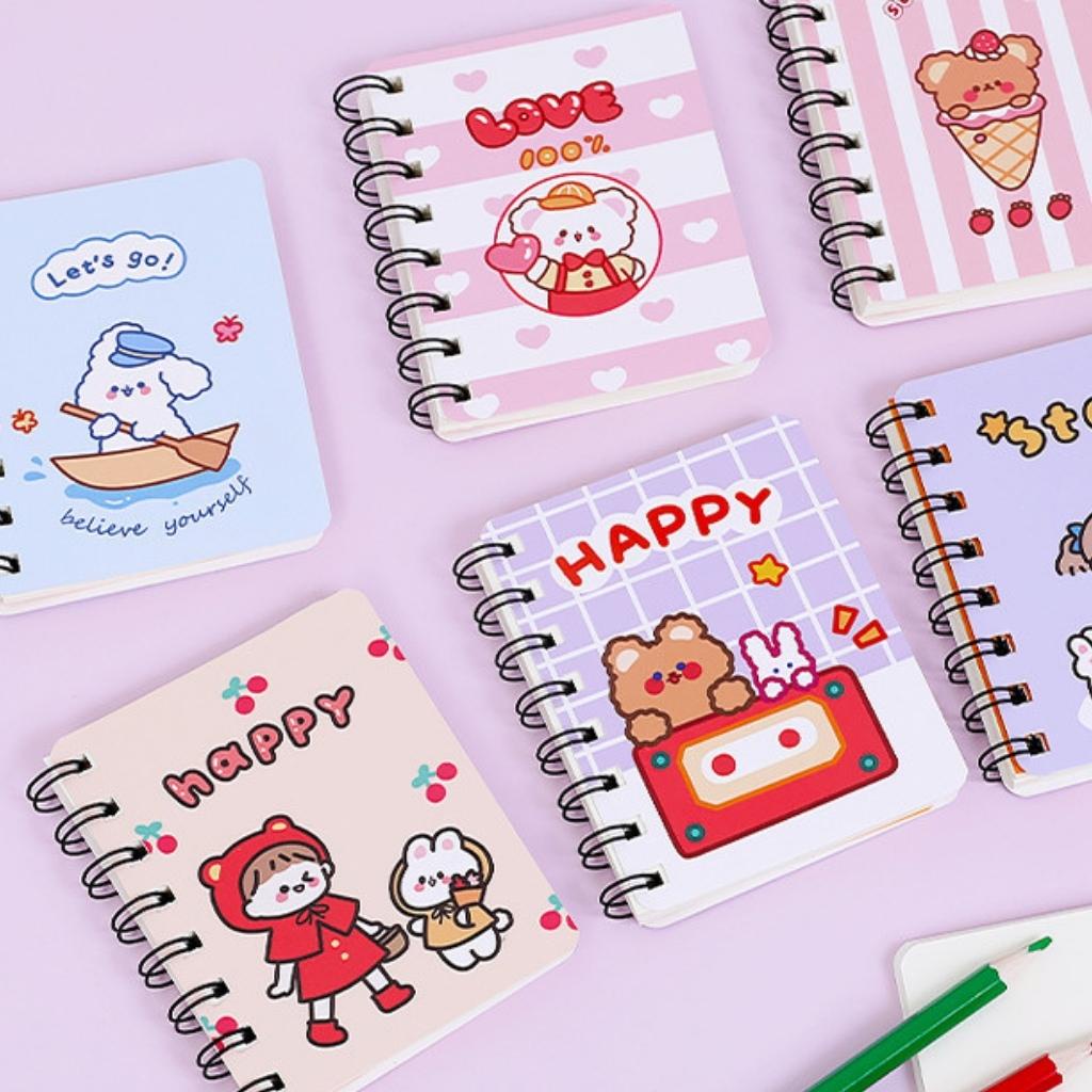 Sổ Tay Ghi Chép Lò Xo EDUSKY Kích Thước A7 Mini Cute Tập 80 Trang Họa Tiết Hoạt Hình Dễ Thương Cỡ 10.5x8cm