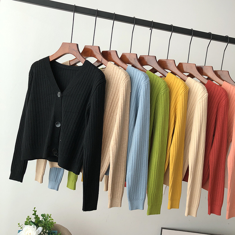 SUXI Áo Cardigan Dệt Kim Dài Tay Cổ Chữ V Màu Trơn Phong Cách Hàn Quốc
