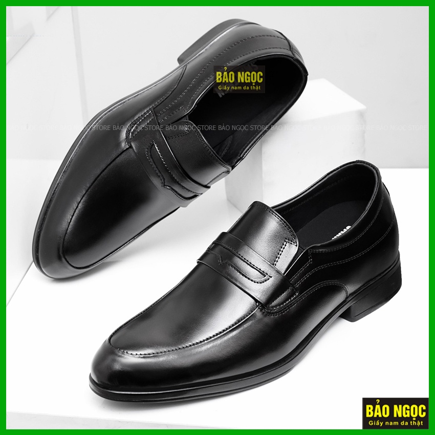 Giày tăng chiều cao nam da bò Bảo Ngọc Store - Giày lười nam tăng chiều cao màu đen - Mã TC8856 Đen