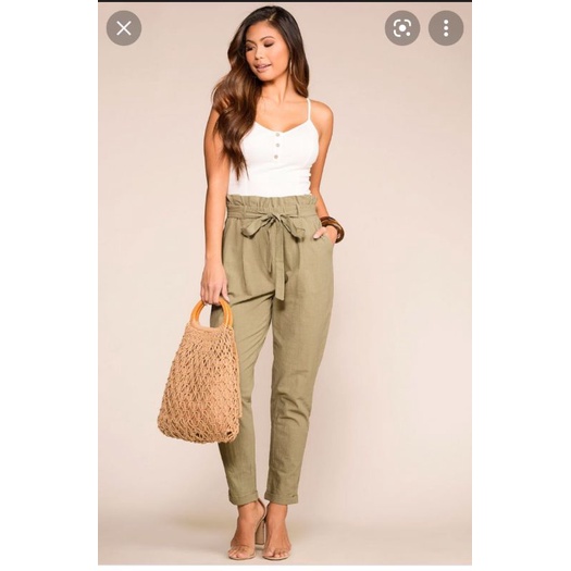Quần tây âu paperbag VNXK quần trouser eo cao cột nơ màu hồng pastel và xanh olive xuất khẩu dư xịn