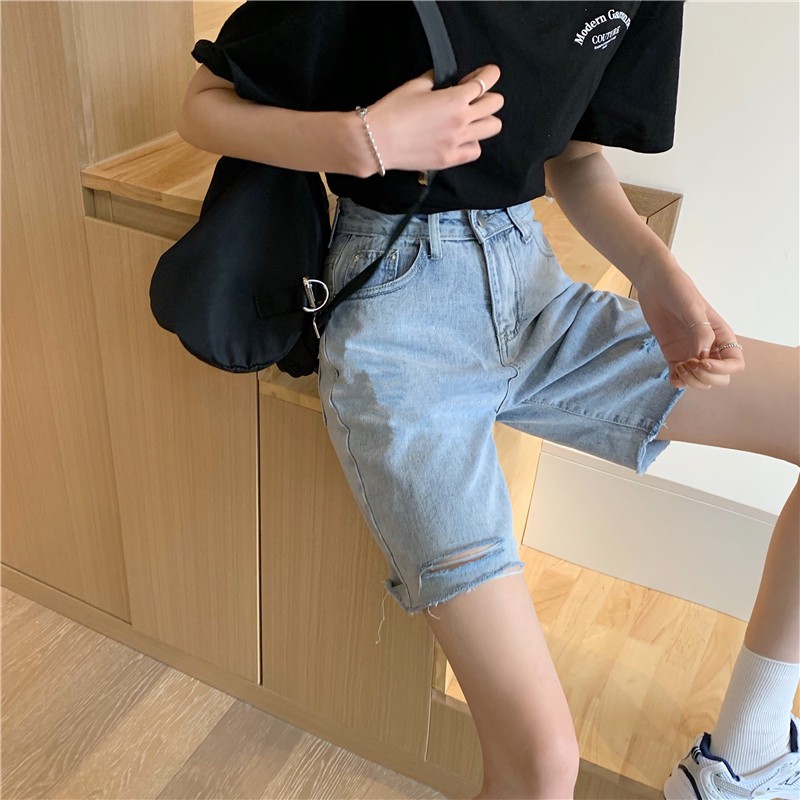 Xiaozhainv Quần Đùi Denim Ống Rộng Rách Tua Rua Cá Tính | BigBuy360 - bigbuy360.vn