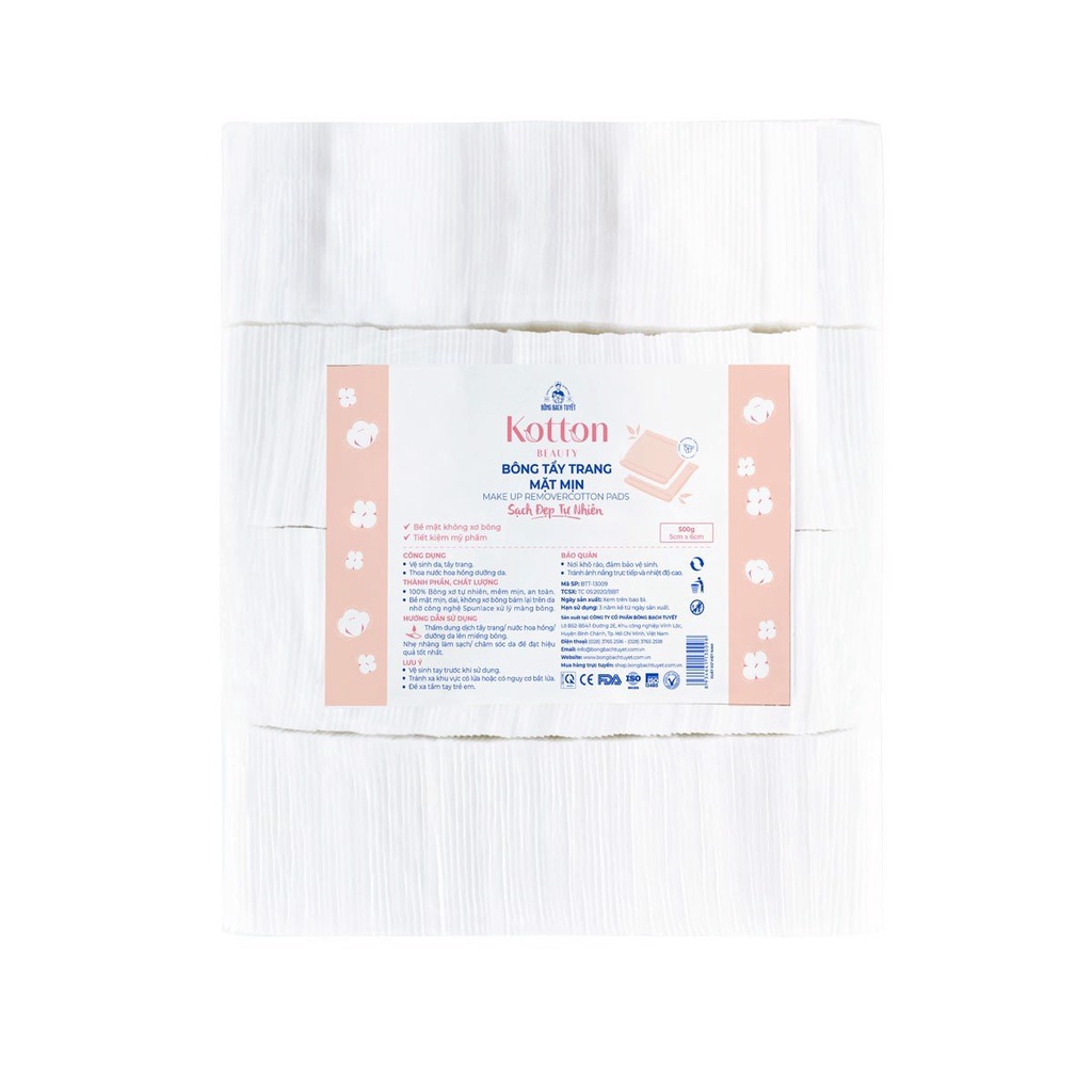 Bông Tẩy Trang Bề Mặt Mịn gói 500gr chính hãng Bông Bạch Tuyết - Bông Tẩy Trang Cotton Bề Mặt Mịn KOTTON BEAUTY size 5x6