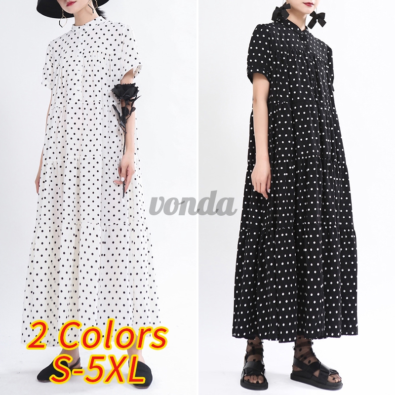 VONDA Women Short Sleeve Polka Dot Stand Collar Button Down Long Dress