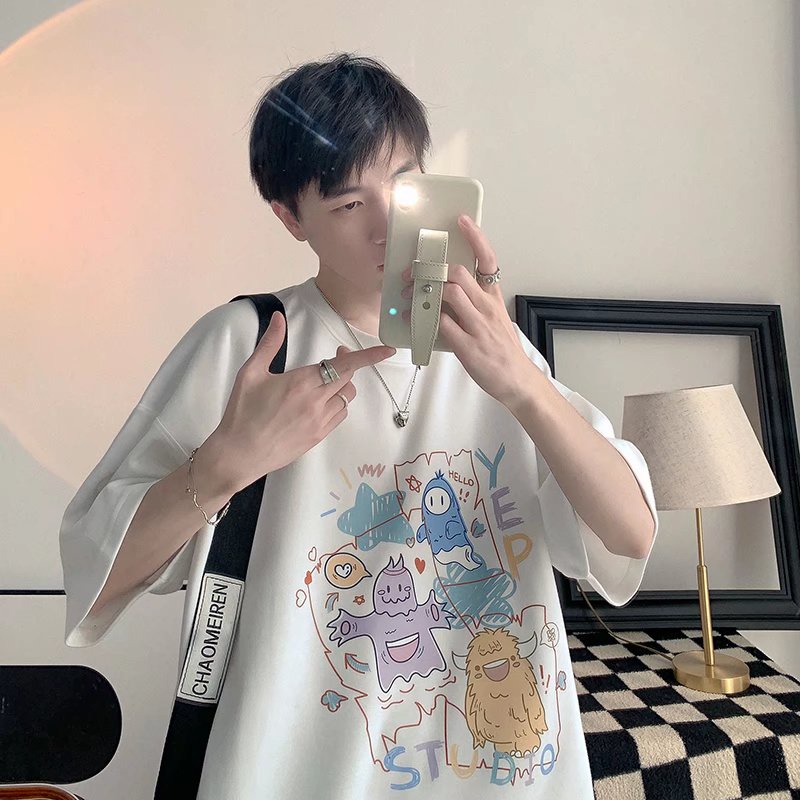 Áo Thun Dáng Rộng In Họa Tiết Hoạt Hình Phong Cách Hip Hop Thời Trang Mùa Hè Cho Nam Và Nữ Size M-5XL