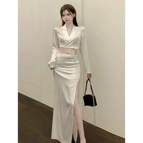 Sét áo vest lụa croptop kết đá chân váy dài xẻ tà