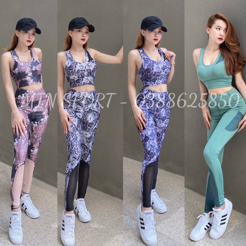 Bộ quần áo thể thao nữ, Set Croptop + quần dài túi lưới tập gym yoga