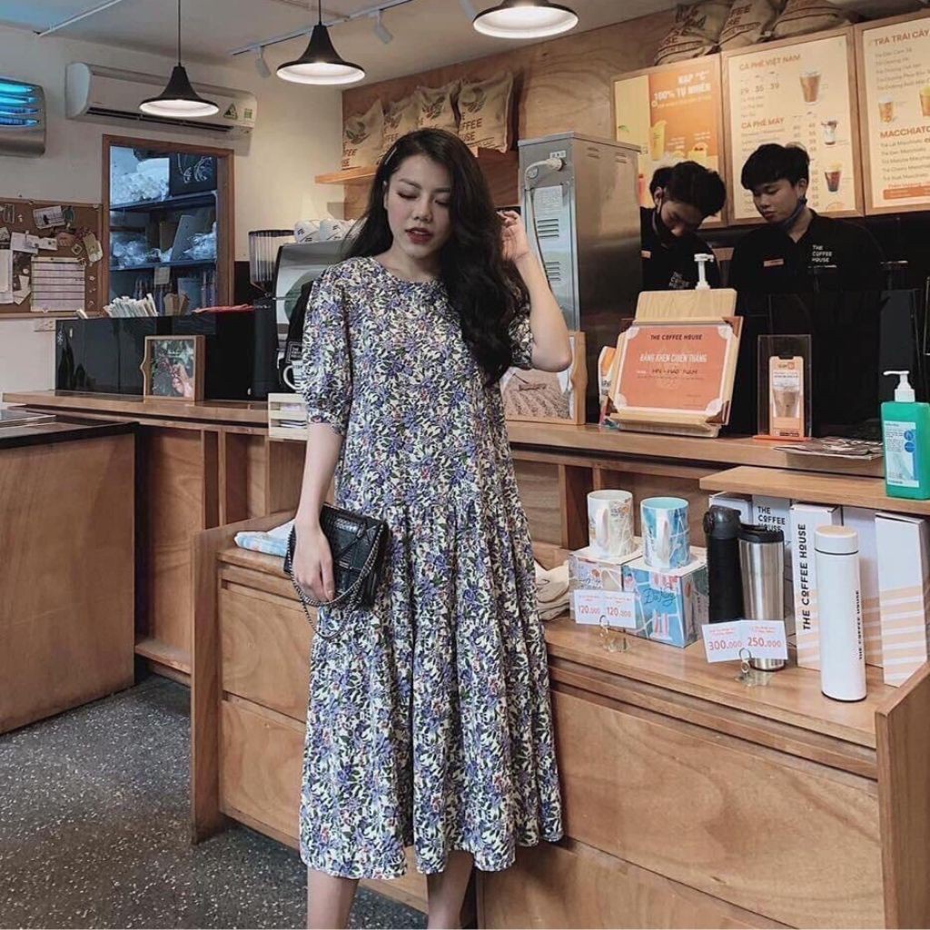 Váy bầu thời trang thiết kế hoa nhí chất Lụa Hoa freesize từ 45 đến 70kg