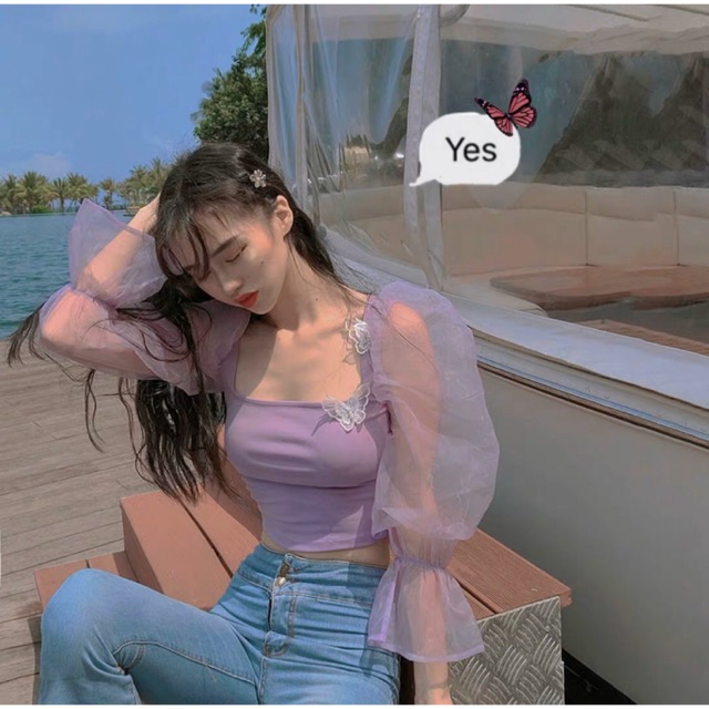 Áo criptop tay phồng đính bướm S