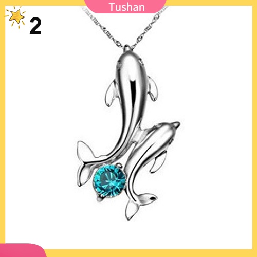 TUSH_Cute Silver Plated Double Dolphins Pendant Charm Chain Necklace Lady Jewelry