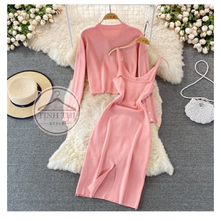 Đầm body len dây phối khoác, Set đầm dây + khoác tay dài chất len dệt kim