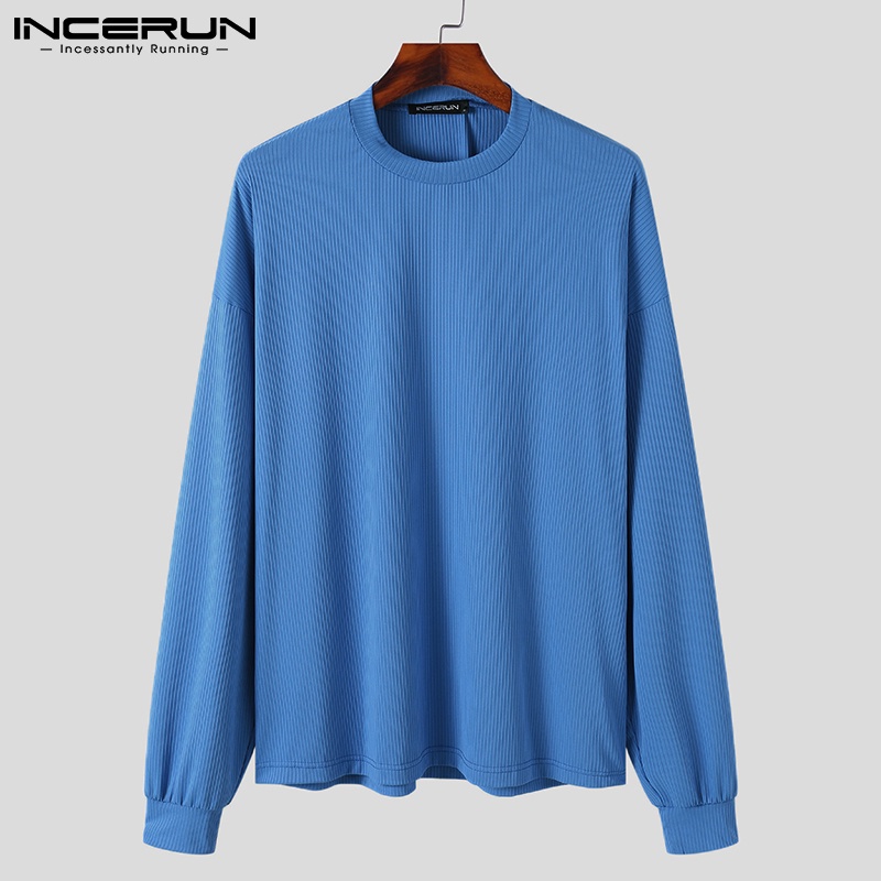 Áo thun chui đầu INCERUN tay dài màu trơn cổ tròn thường ngày cho nam