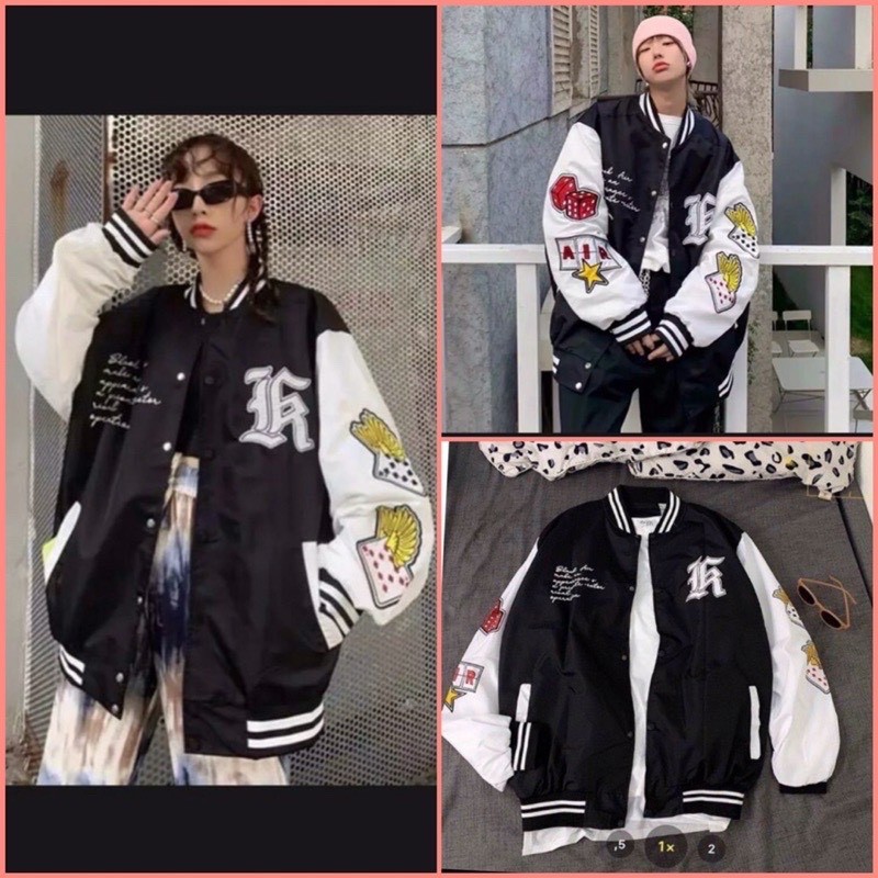 Áo khoác bomber 🍉 áo khoác form rộng dáng unisex nam nữ có khóa bấm thiết kế tay in chữ A, áo jacket cúc bấm siêu xinhhh | BigBuy360 - bigbuy360.vn