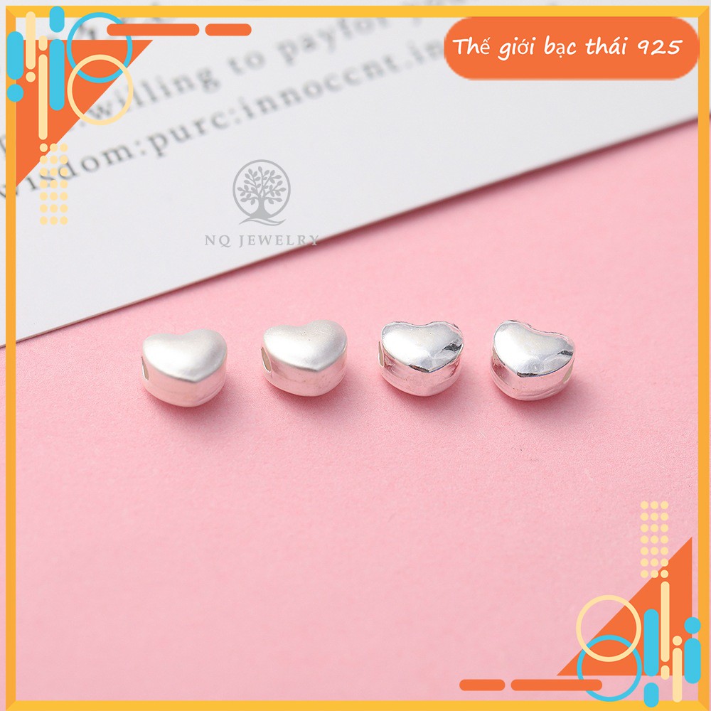 Charm bạc trái tim xỏ ngang bóng và nhám, mặt dây chuyền trái tim bạc