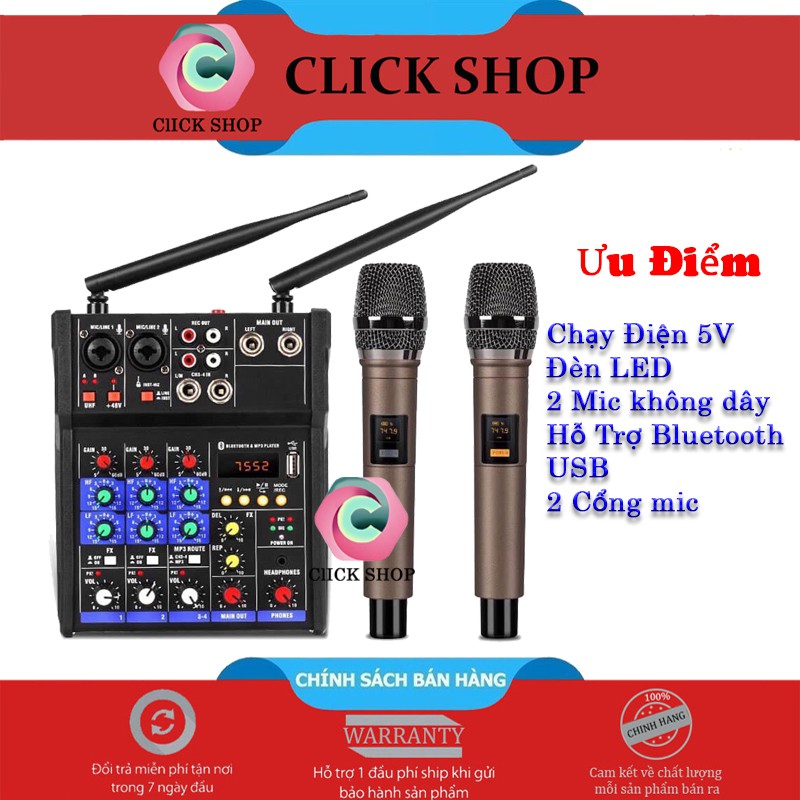 Mixer G4 – Mixer Karaoke, Livestream Tặng Kèm 2 Micro UHF chạy điện 5V có bluetooth và USB