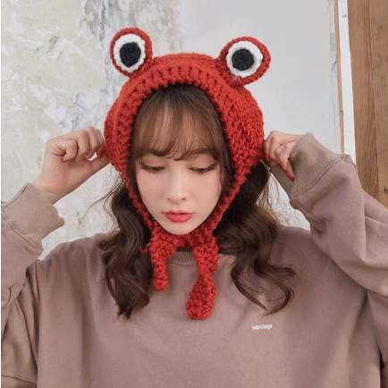 Mũ beanie dệt kim hình ếch mắt to hoạt hình giữ ấm mùa đông cho nữ