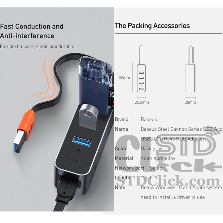 JACK CHUYỂN USB A SANG 3xUSB A và CỔNG LAN RJ45 BASEUS STEEL CANNON CHÍNH HÃNG HÀNG CHUẨN