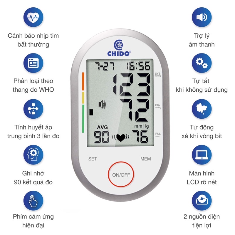 Máy đo huyết áp, máy đo huyết áp điện tử bắp tay CHIDO màn hình cảm ứng bảo hành 24 tháng