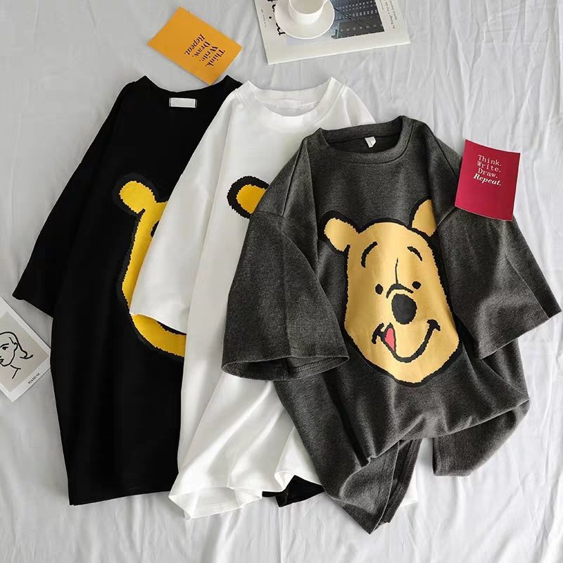 Ready Stock Hanwinnie Bear Printed Student Girl Round Neck Short Sleeve Lady Print Wide Simple Shirt Top