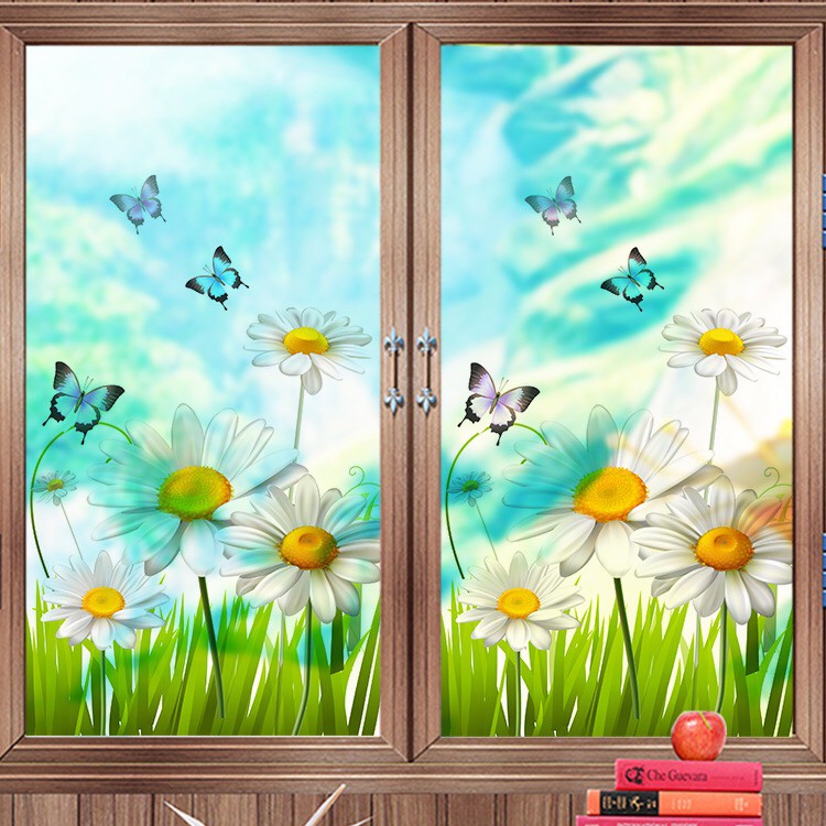 Decal dán kính cao cấp - Hoa Cúc Trắng và Bướm ( 60x116 )