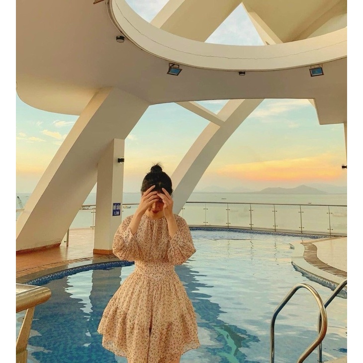 Đầm hoa cut out lưng tay dài 2 màu hoạ tiết nhẹ nhàng