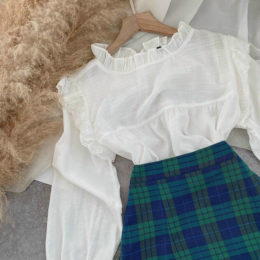 Set chân váy kẻ kèm áo sơ mi vintage siêu xinh