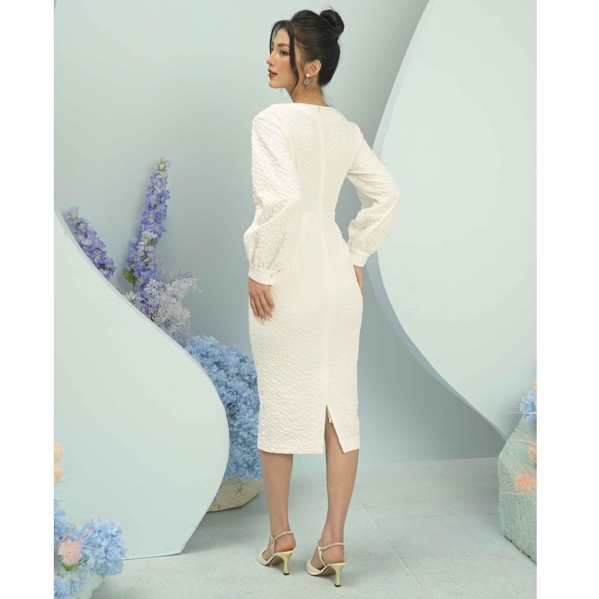 Đầm sốp sần cổ tròn, eo nhún nơ Emspo DL4176