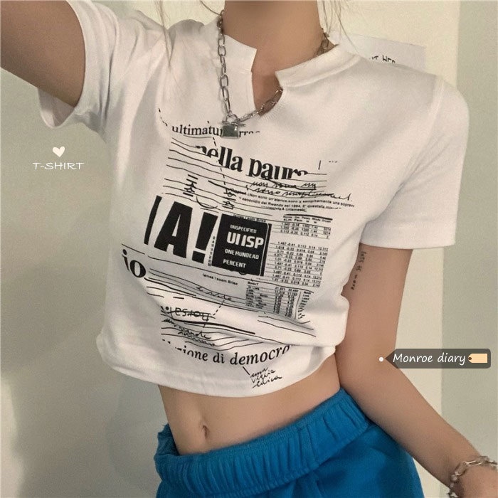 Áo Thun Croptop Tay Ngắn Cổ Chữ V Thiết Kế Mới Thời Trang Mùa Hè Theo Phong Cách Hàn Quốc Cho Nữ