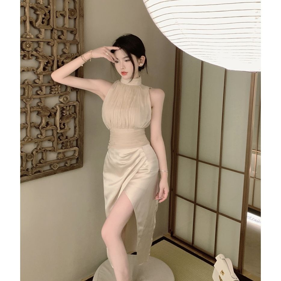 Đầm dài UIOWOO không tay eo cao xẻ tà thời trang quyến rũ cho nữ