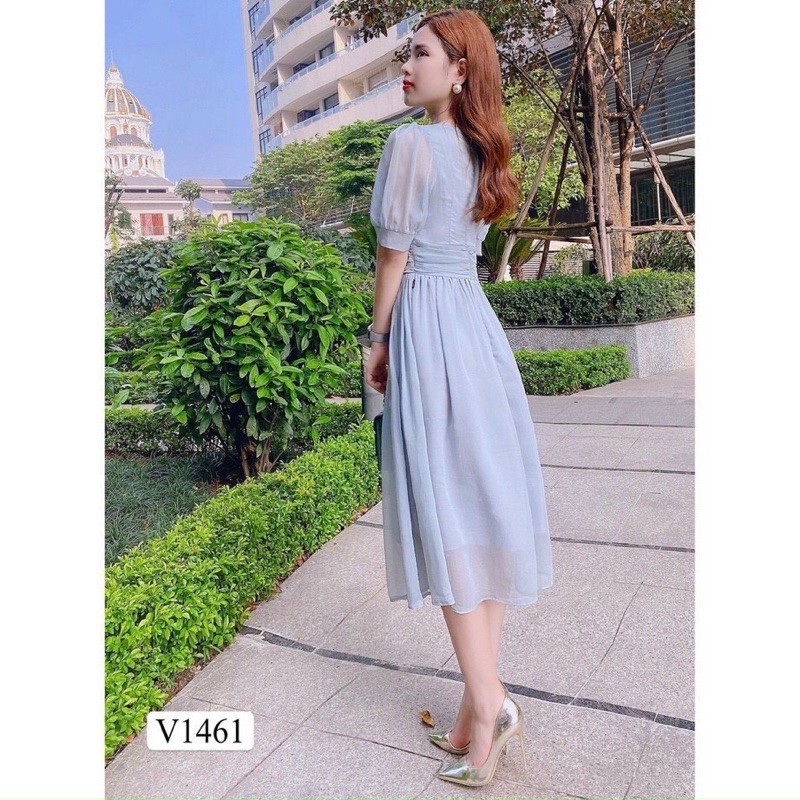 ⚡️CAMILLA⚡️Đầm voan xanh 2 lớp đính cúc ngọc