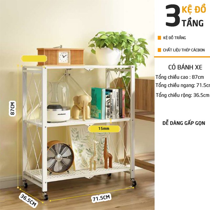 Kệ để đồ đa năng gấp gọn, kệ bếp khung thép có bánh xe, để hồ sơ văn phòng 3 4 5 tầng
