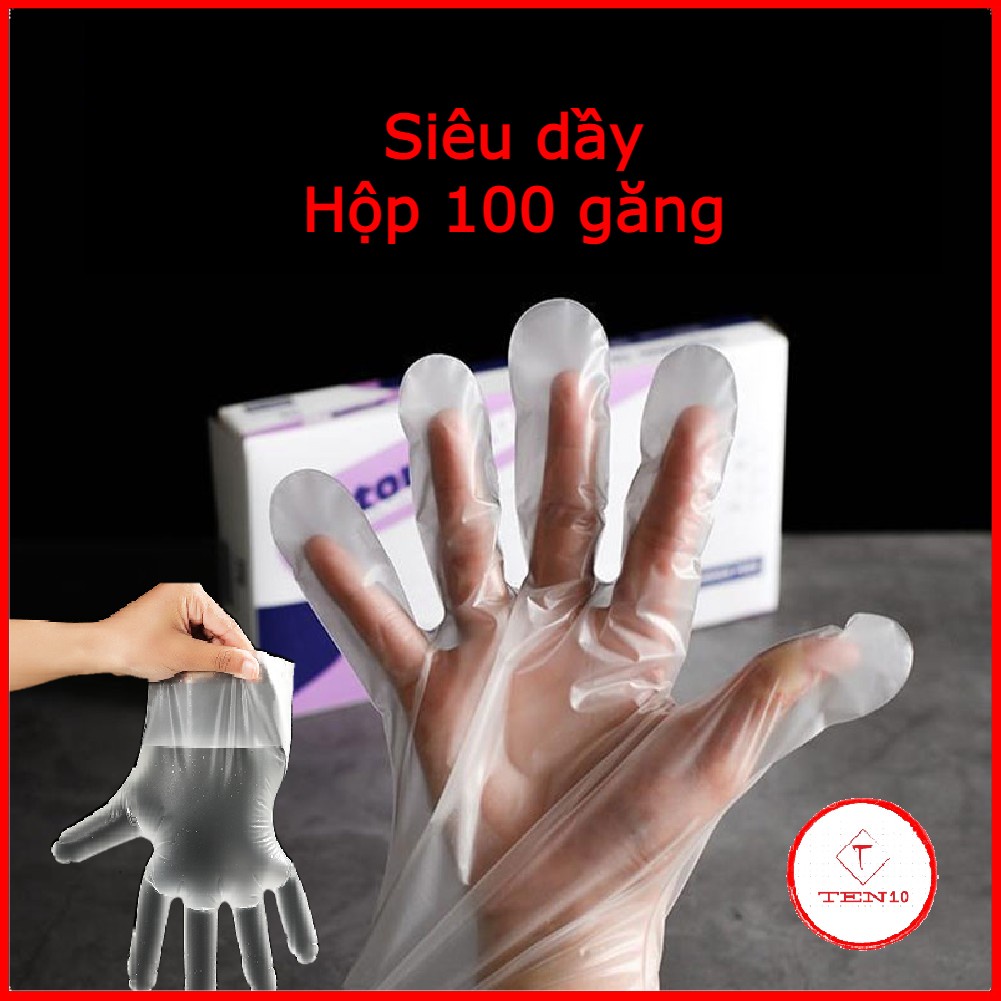 Găng tay nilon siêu dai  Hộp 100 găng  bao tay loại dầy dai, dùng 1 lần nhựa TPE chống rách chịu nhiệt an toàn vệ sinh