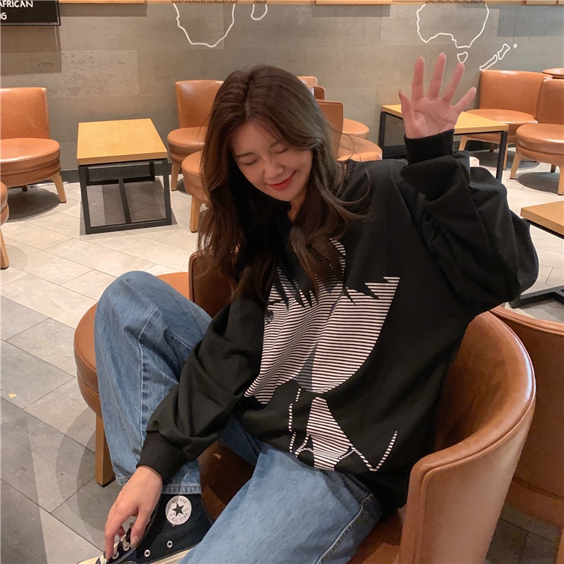SUXI Áo Sweater Thể Thao Tay Dài Dáng Rộng In Họa Tiết Trẻ Trung Phong Cách Hàn Quốc Hợp Thời Trang Cho Bạn Gái