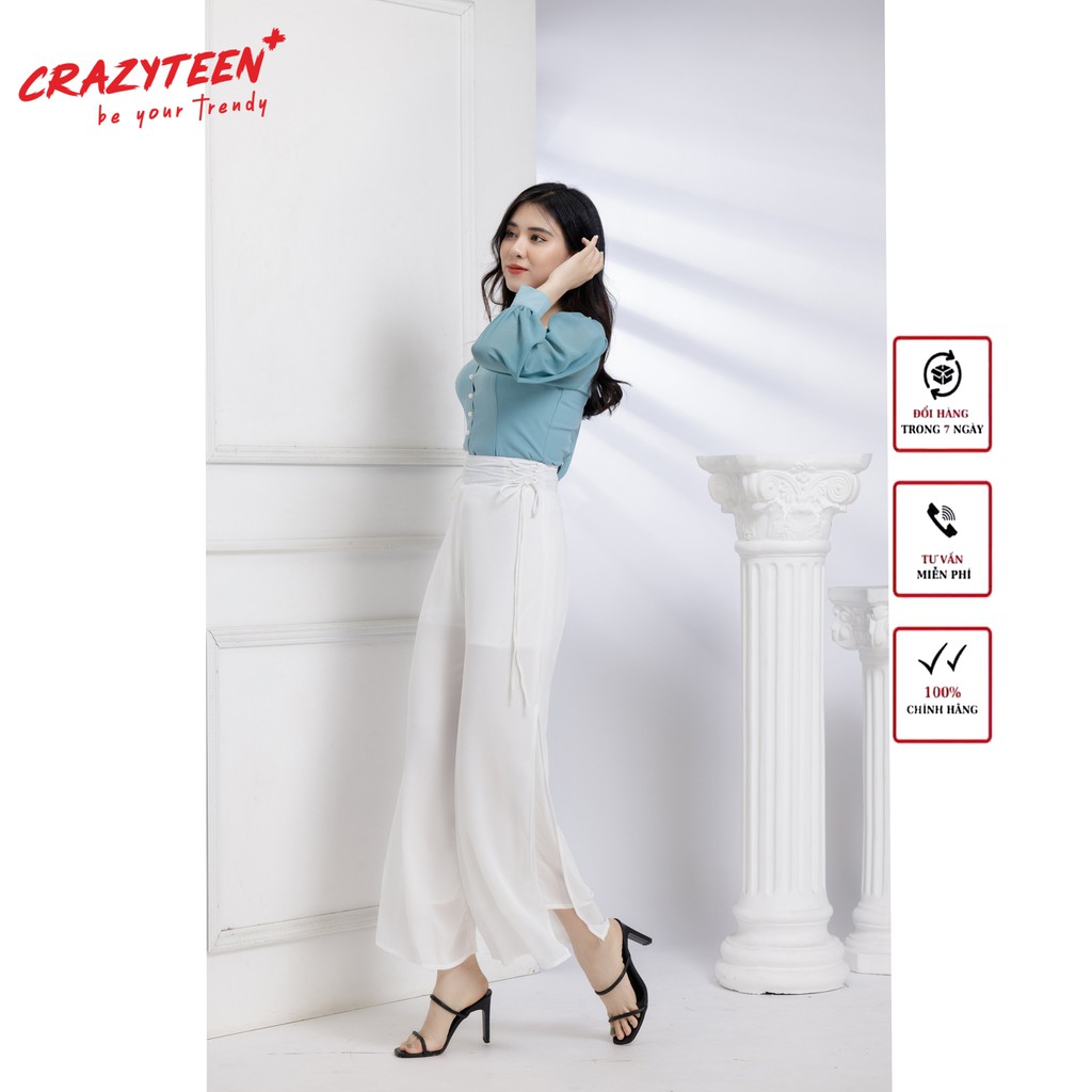 Quần ống suông nữ xẻ tà bản lưng phối dây CRAZYTEEN phong cách sang trọng (Q0005)