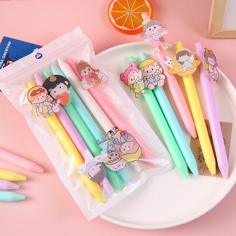Set Vỉ 6 Bút Mực Nước Nhiều Màu Gắn Hình Cô Gái/Hoạt Hình Dễ Thương Mực Đen 0,5 mm