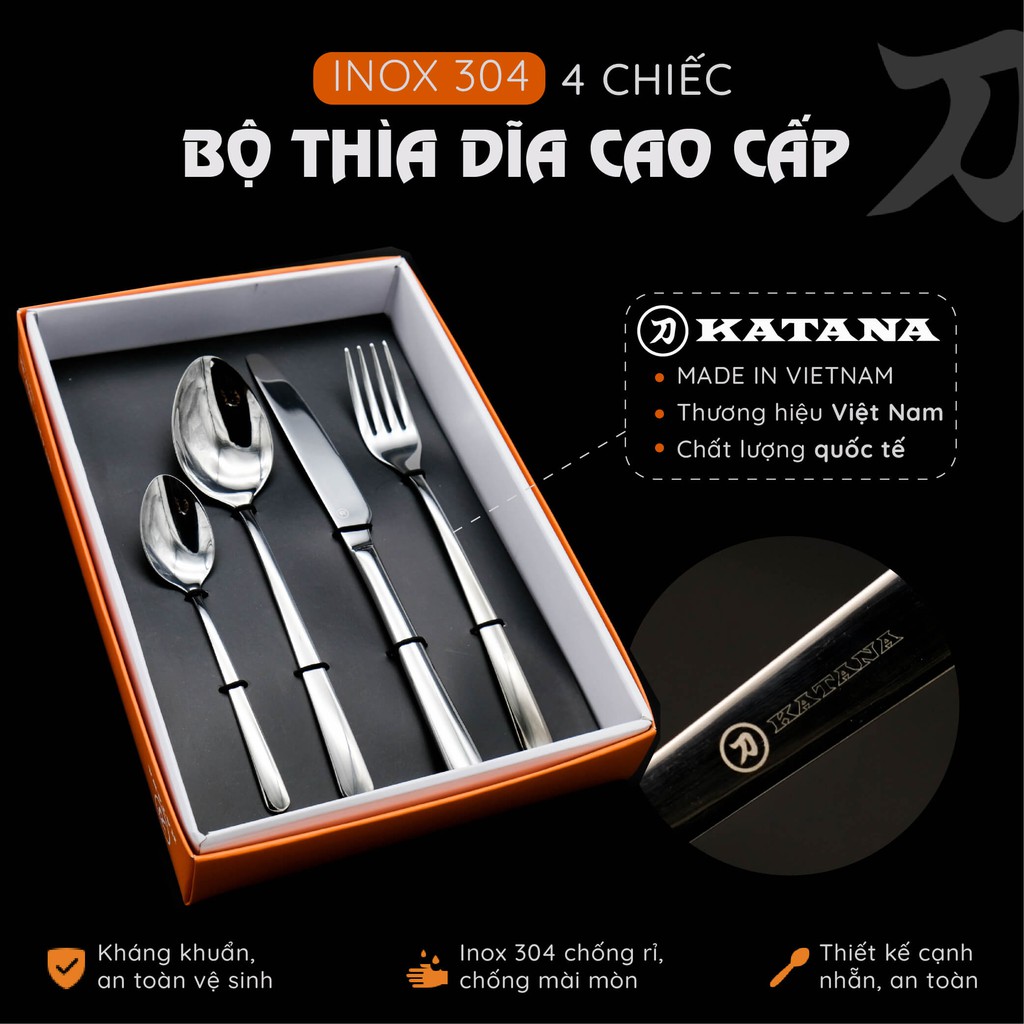 Set 4 món dao, thìa, dĩa bàn ăn KATANA INOX 304 vân trơn sáng bóng cao cấp, sang trọng - KATA100